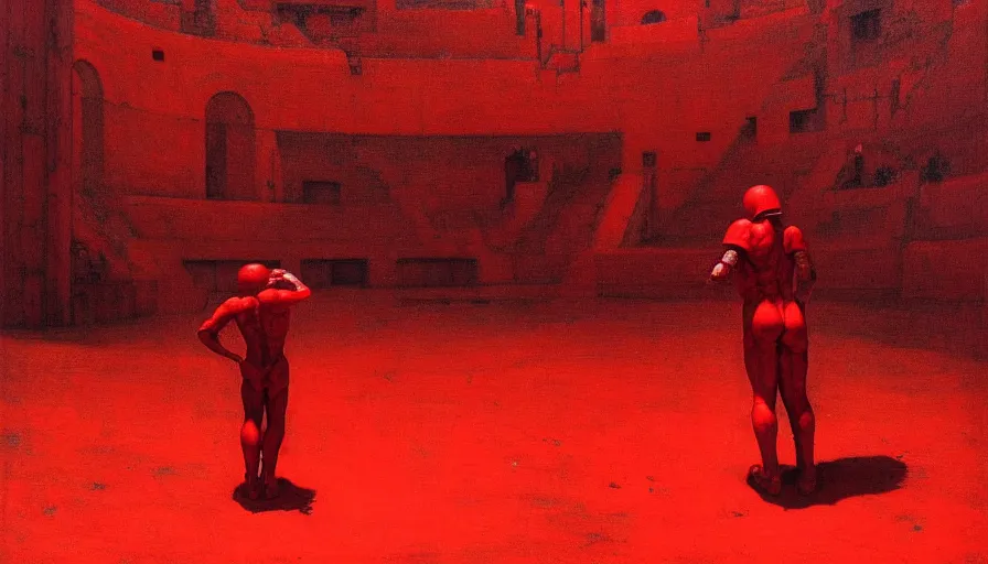 Image similar to only with red, a red gladiator in a crowded roman amphitheatre, crowd cheers him, in the style of beksinski, parts by edward hopper, parts by rodcenko, parts by yue minjun, intricate and epic composition, red by caravaggio, insane quality, highly detailed, masterpiece, red light, artstation