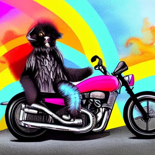 Image similar to wide angle full body, jacket wearing fluffy cute rainbow kitten wearing a black leather motorcycle jacket, riding on a motorcycle, cinematic concept art