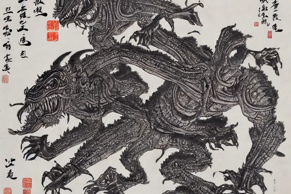 Image similar to many alien monsters are fighting with chinese immortals, traditional chinese ink painting.