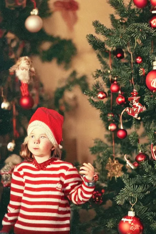 Image similar to retro photo of a child with a cat's face in cute clothes on the background of a christmas tree with new year's toys, ussr, sovet ; kodak ektar, 2 0 0 iso, 3 5 mm lens, bill henson style beautiful chiaroscuro lighting, beautiful colour palette, beautiful and realistic, wide shot