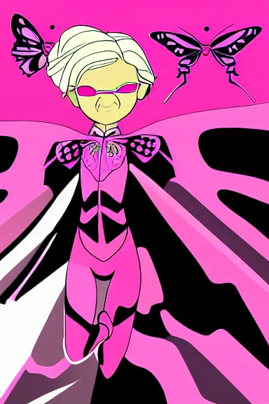 Prompt: blonde little girl with butterfly wings in an pink and black hero outfit, digital artwork made in spiderverse artstyle, shaped focus, heroic composition, hero pose, smooth, anatomically correct
