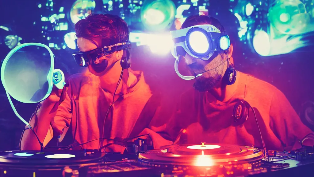 Image similar to a person wearing goggles and visor and headphones using a retro record player contraption, wires and tubes, turntablism dj scratching, intricate planetary gears, cinematic, imax, sharp focus, leds, bokeh, iridescent, black light, fog machine, hazy, lasers, hyper color digital art