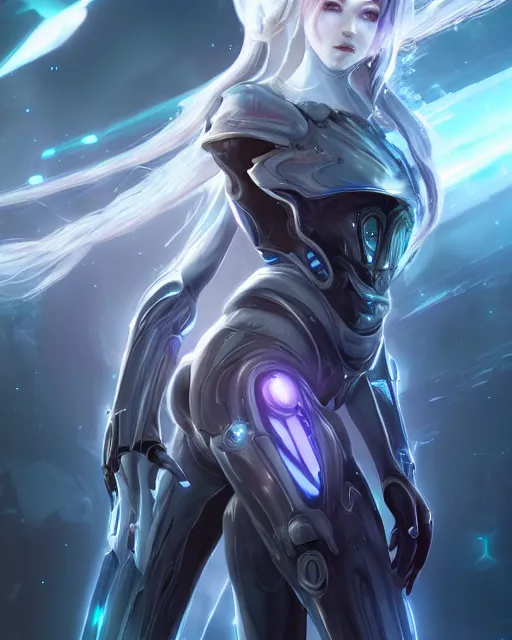 Image similar to perfect android girl on a mothership, warframe armor, beautiful face, scifi, futuristic, galaxy, nebula, raytracing, dreamy, long white hair, blue cyborg eyes, sharp focus, cinematic lighting, highly detailed, artstation, innocent, art by gauthier leblanc, kazuya takahashi, huifeng huang