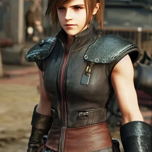 Prompt: emma watson in final fantasy vii remake, hair in a ponytail, character render, full body shot, highly detailed, in game render