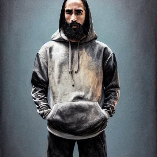 Image similar to a full body portrait of modern day jesus wearing jerry lorenzo streetwear hoodie and pants by nicola samori, oil painting, smudges, realistic, 8 k, adidas sneakers style