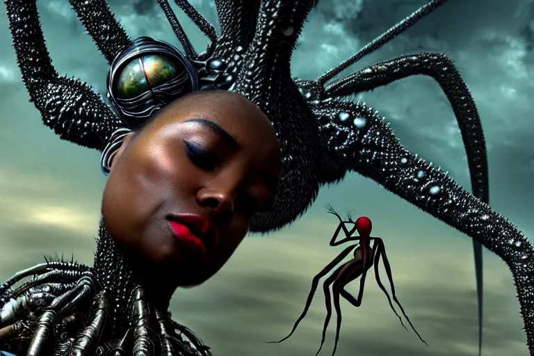 Image similar to realistic detailed closeup portrait movie shot of a beautiful black woman riding a giant spider, dystopian city landscape background by denis villeneuve, amano, yves tanguy, alphonse mucha, max ernst, ernst haeckel, edward robert hughes, roger dean, cyber necklace, rich moody colours, sci fi patterns, wide angle