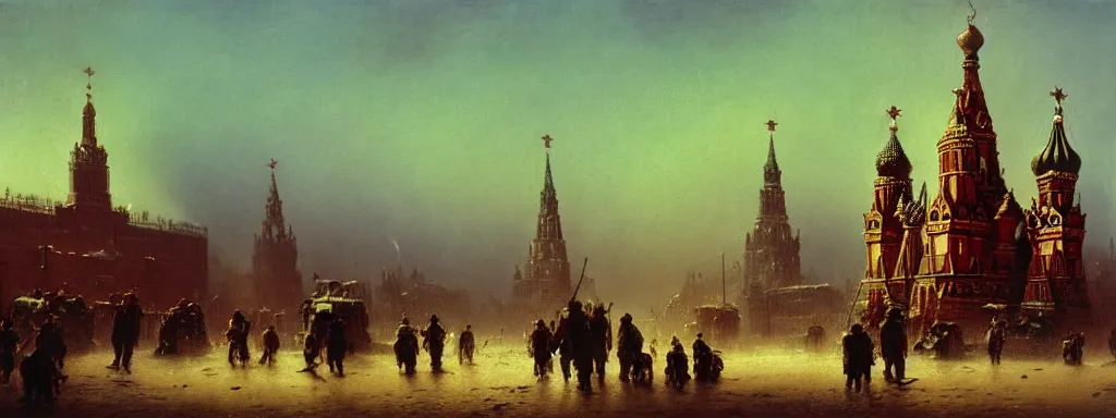 Prompt: alien predator on moscow red square. extreme long shot. post-apocalyptic art by Aivazovsky. high detail