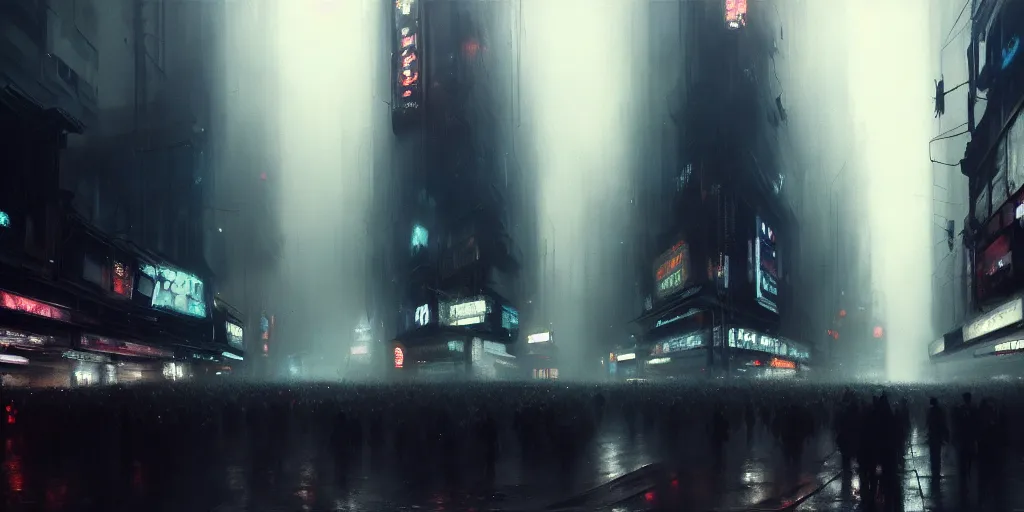 Image similar to beautiful painting by jeremy mann, large crowd in a cyberpunk street, still from blade runner movie, desaturated, oil painting, perfect composition, detailed octane render trending on artstation, volumetric fog, ominous, unsettling, 8 k artistic photography, volumetric cinematic perfect light