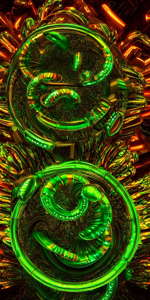 Prompt: 3 d photographic render of mandelbulb sculpture, neon circles, chrometype, made of liquid metal, neotribal with thorns and green thunders, cyberpunk, raytracing, hyper realistic, volumetric lightning, 8 k, by zhelong xu and ouchh studio