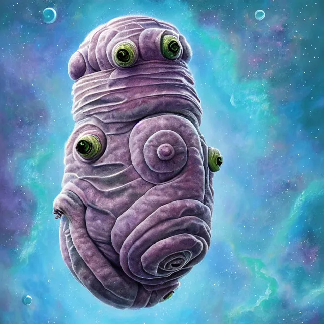 Image similar to a highly detailed tardigrade, it has a beautiful unconventional face, floating through deep space, elegant, hyperrealistic, digital painting, artstation, realism, concept art, pop, smooth, mythological, sharp focus, qualia, illustration, art by mark ryden 3 d 8 k ultra detailed