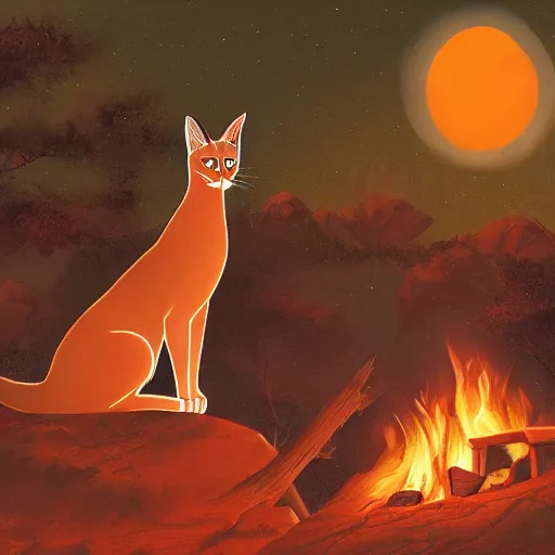 Image similar to group of cute caracals wearing red ties near campfire, one caracal playing a guitar, night, atmospheric lighting, painted, intricate, volumetric lighting, beautiful, rich deep colours masterpiece, golden hour, digital art