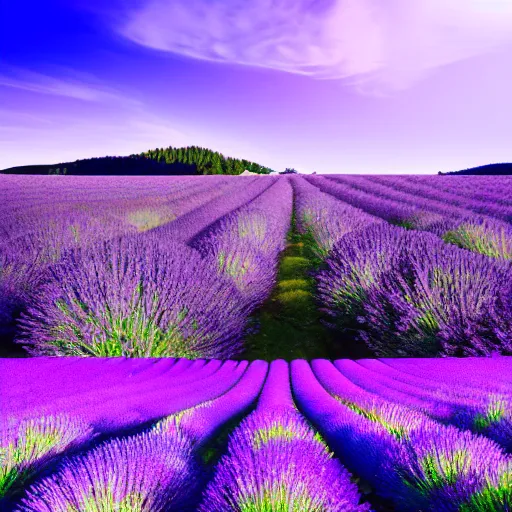 Image similar to ”Epic landscape, purple fields of lavender with a dark forest in the background, in the middle is a blue lake and blue river, bright summer day. Trending on art station, concept art”