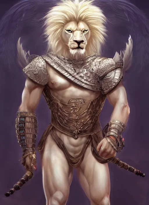 Image similar to aesthetic portrait commission of a of a male fully furry muscular anthro albino lion with a tail and a beautiful attractive hyperdetailed face, wearing ancient roman attractive gladiator outfit in a sci-fi dystopian roman coliseum at golden hour with crowds of people watching in the stadiums behind him. Character design by charlie bowater, ross tran, artgerm, and makoto shinkai, detailed, inked, western comic book art, 2021 award winning film poster painting