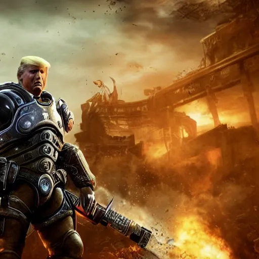 Image similar to Photo portrait of Donald Trump as Crusader Patriot Knight in Gears of War, splash art, movie still, detailed face, photorealistic facial features, cinematic lighting, dramatic, octane render, long lens, shallow depth of field, bokeh, anamorphic lens flare, 8k, hyper detailed, 35mm film grain