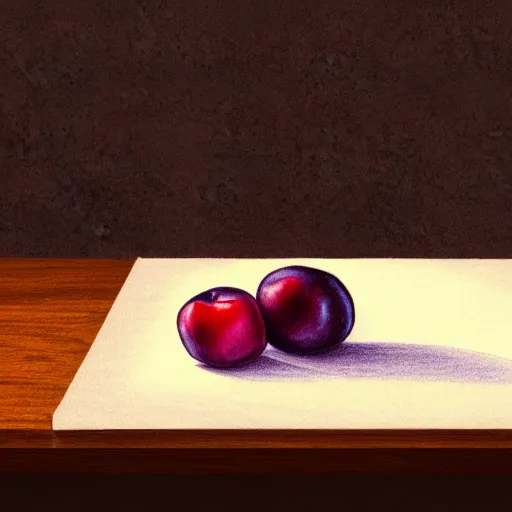 Image similar to drawing of a single bowl filled with a few moist freshly picked plums on a wooden table. painting, illustration, volumetric lighting, detailed, small scale, art, trending on artstation.