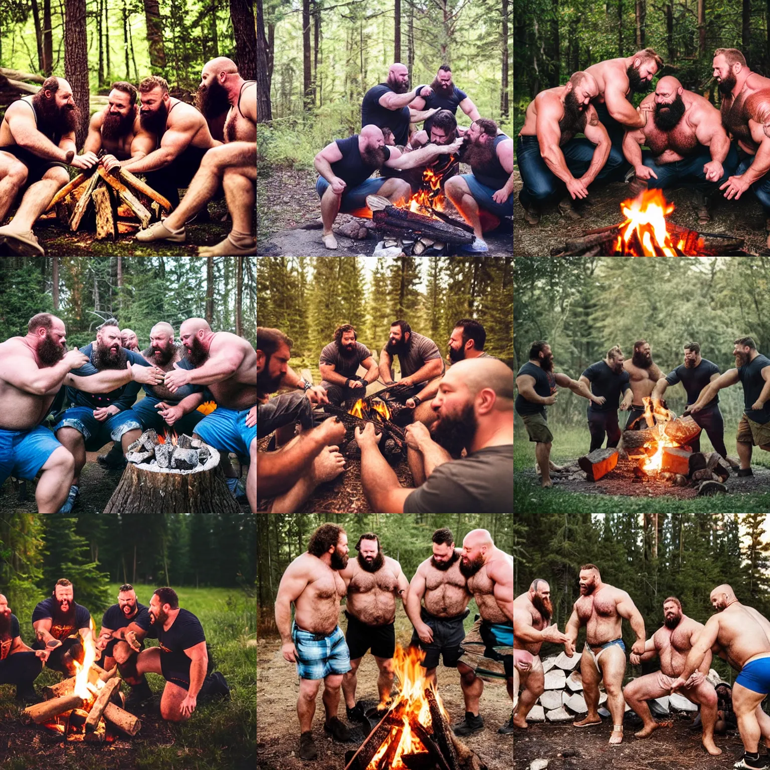 Prompt: group of massive manly hairy burly strongmen kissing around a campfire, dad energy, photography, brotherhood