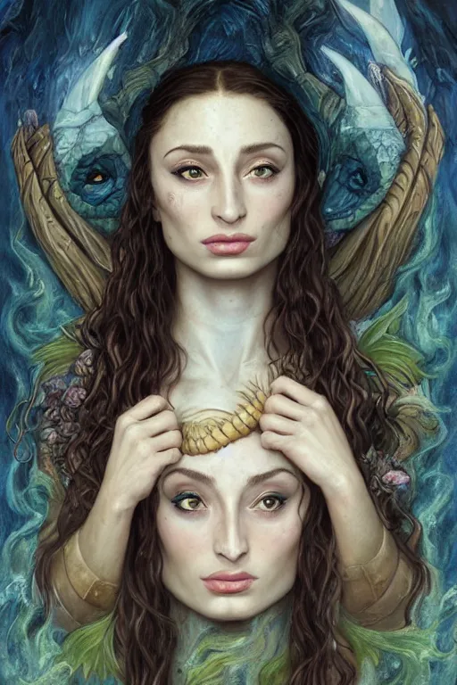 Image similar to A fantasy comic book style portrait painting of, hybrid, Oona Chaplin, Sophie Turner, as an Atlantean, Reptilian Warrior, Mystical Valkyrie, François Boucher, Oil Painting, unreal 5, DAZ, hyperrealistic, octane render, Regal, Refined, Detailed Digital Art, RPG portrait, Michael Cheval, William-Adolphe Bouguereau, Walt Disney (1937), Steampunk, dynamic lighting, Highly Detailed, Cinematic Lighting, Unreal Engine, 8k, HD