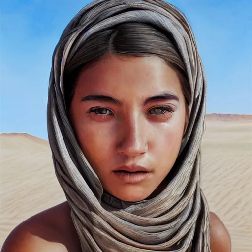 Image similar to a detailed portrait of a girl in the desert, art illustration, incredibly highly detailed and realistic, 8 k, sharp focus