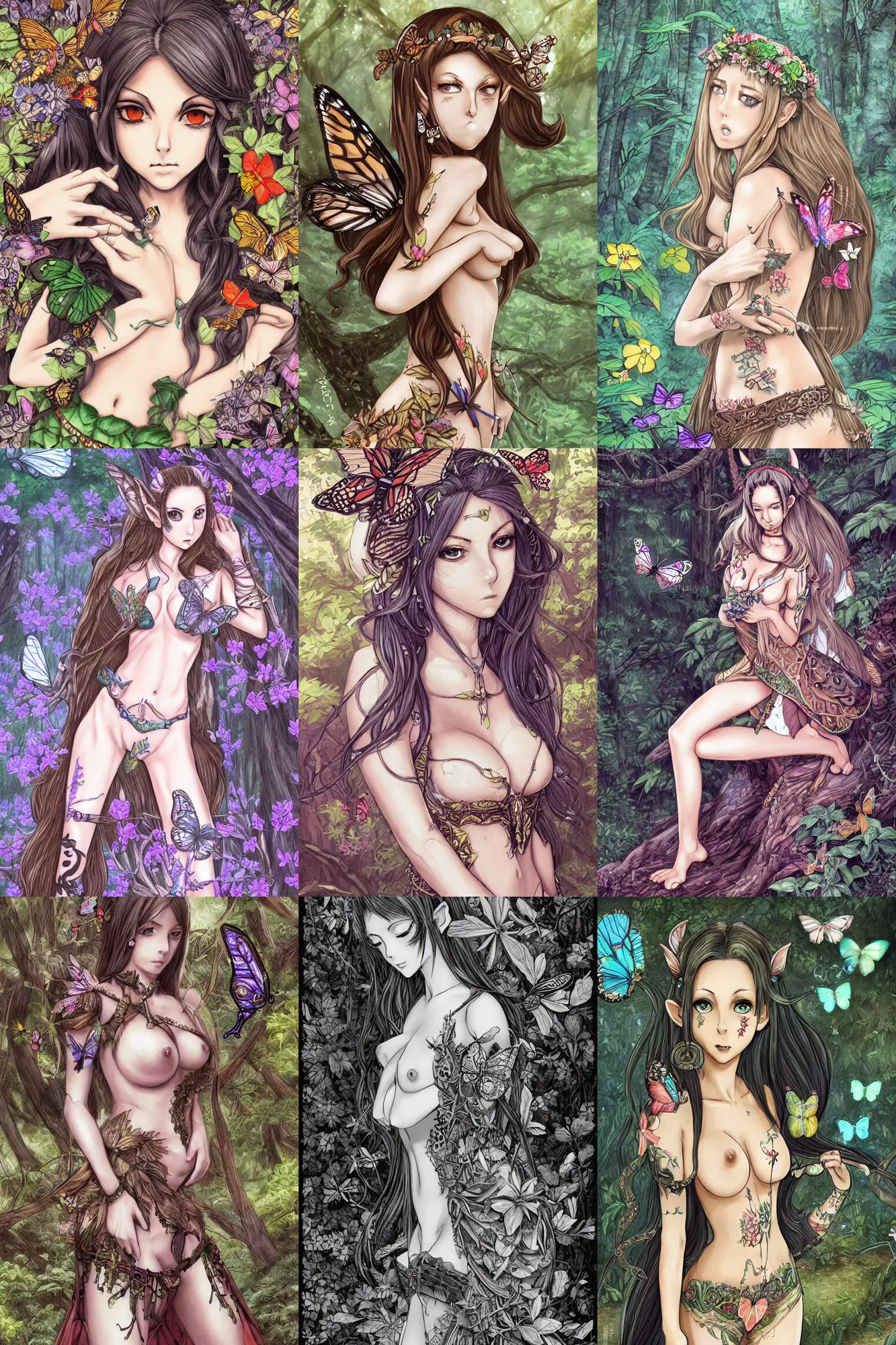 Prompt: alluring highly-detailed pen and ink manga of an attractive young elf Jenna Haze in a forest, a with a butterfly resting on her index finger, clothed in a chesty fantasy outfit, intricate, elegant, highly detailed, colorful, digital painting, trending on Artstation, concept art, smooth, sharp focus