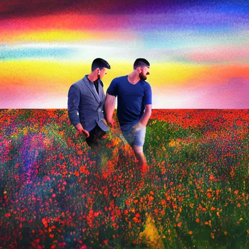 Image similar to a gay couple together in a field of flowers at sunset, realistic, intricate, 4k