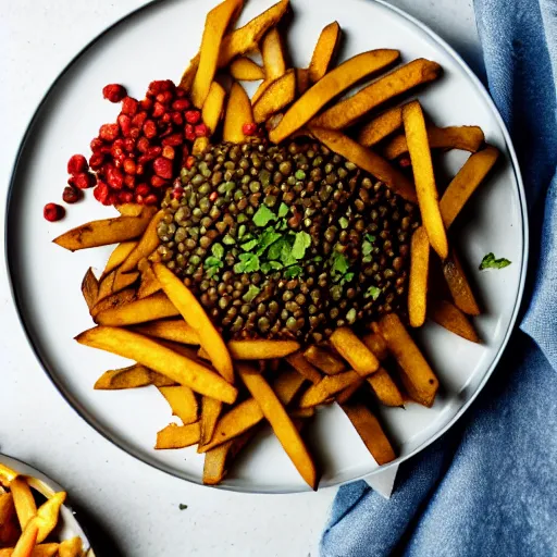 Prompt: plate of green lentils with chorizo and fries,