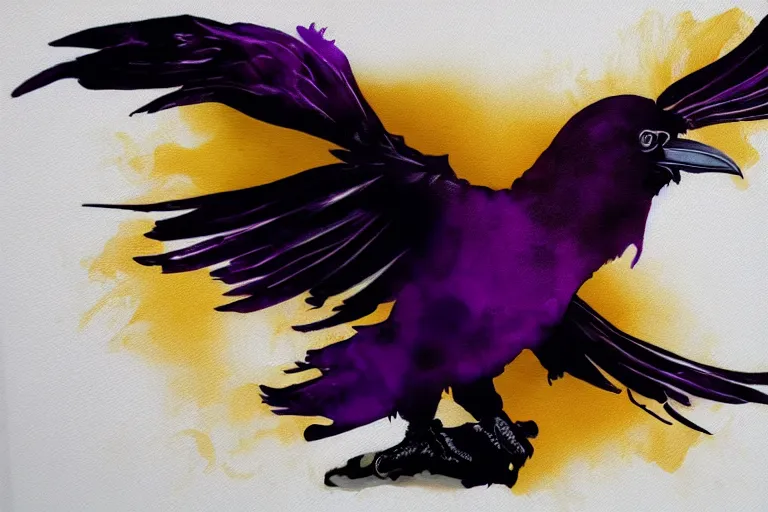 Image similar to beautiful serene smart raven, healing through motion, minimalistic golden and purple ink airbrush painting on white background