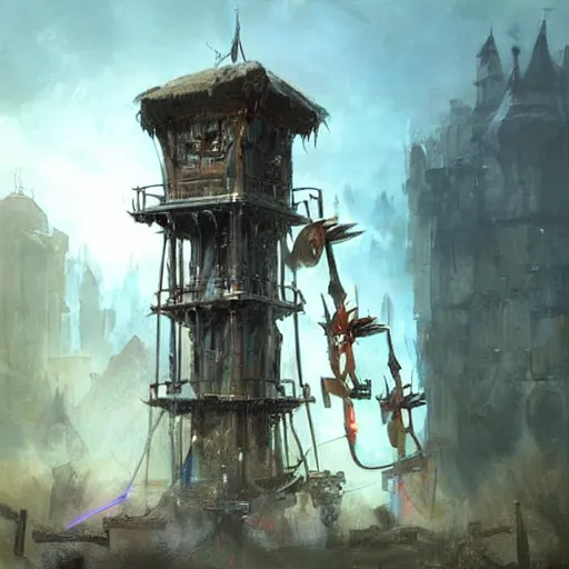 Prompt: a moving siege tower machine with cart wheels, crossbow on the tower, epic fantasy style art by Craig Mullins, fantasy epic digital art, epic fantasy card game art by Greg Rutkowski