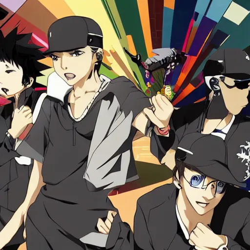 Prompt: the protagonists of a rap battle anime, art by shinichiro Watanabe,