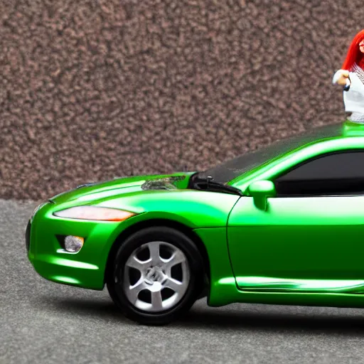 Image similar to a red haired woman driving a Jada toys mitsubishi eclipse green diecast car, high resolution macro photo, viewed through the cars window