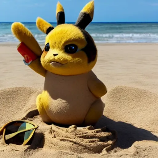 Image similar to a sand sculpture of detective pikachu on the beach