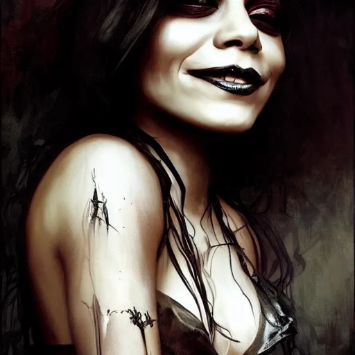 Image similar to beautiful portrait of vanessa hudgens as death from sandman, smiling, by cedric peyravernay, alphonse mucha, by jeremy mann, by lecouffe deharme, goth chic, soft lightning, eyeliner, punk rock, high detailed, 8 k