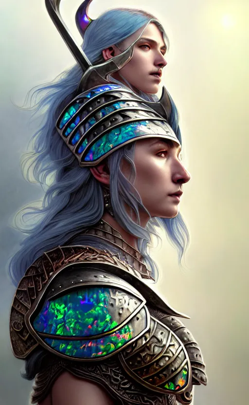 Prompt: iridescent opal viking warrior, wolf armor, winter, morandi color scheme, hd, illustration, epic, d & d, fantasy, intricate, elegant, highly detailed, wide angle, digital painting, artstation, concept art, smooth, sharp focus, illustration, wallpaper, art by artgerm and greg rutkowski and alphonse mucha and jin xiaodi