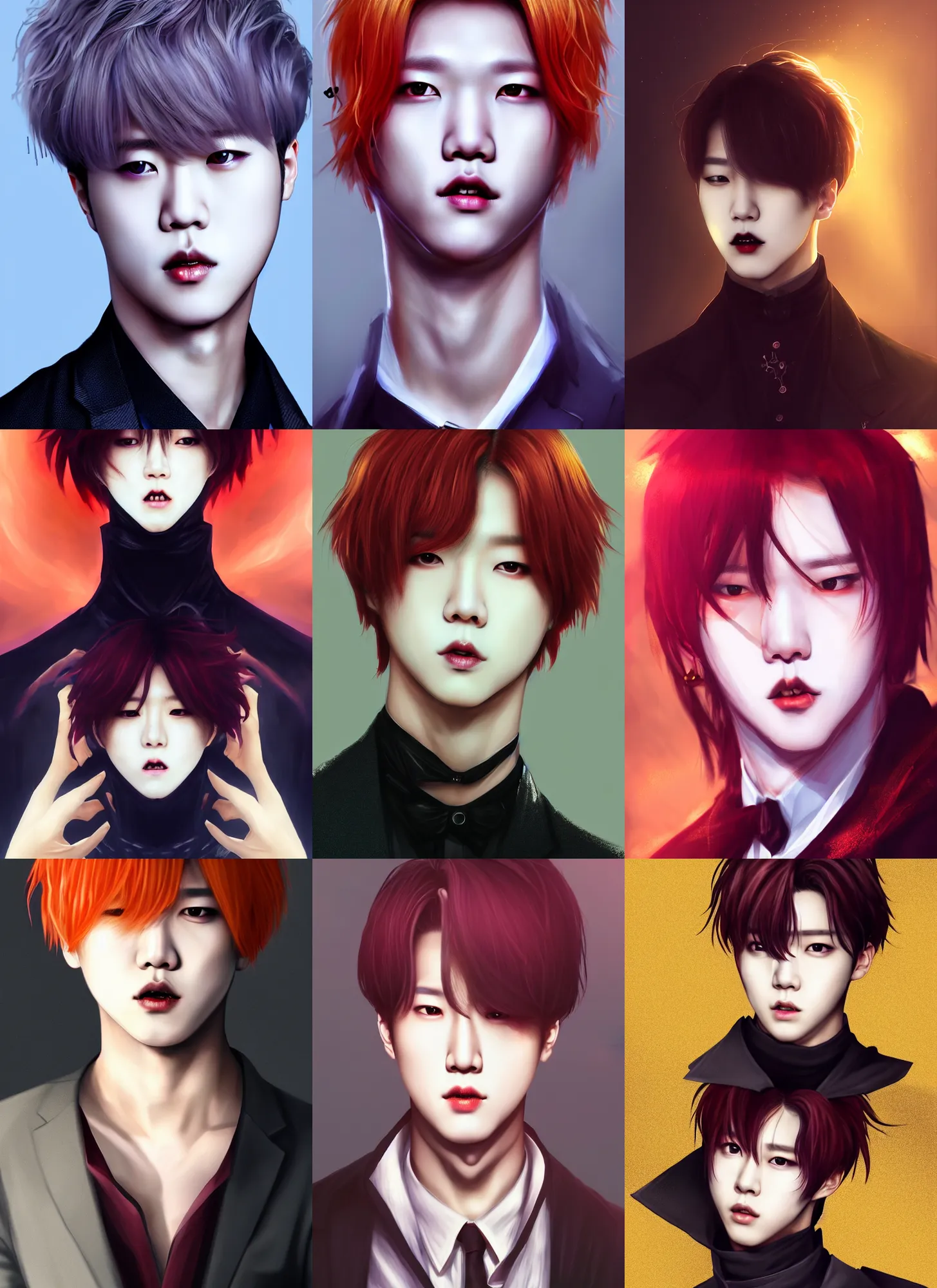 Prompt: park jimin as a vampire. wearing intricate styled outfit, semi realism, anime realism, symmetrical face, slim face, distinctive features, appealing, photorealism, uhd, amazing depth, glowing, golden ratio, sakimichan, greg rutowski, volumetric lighting, dramatic lighting, foggy, artstation concept art
