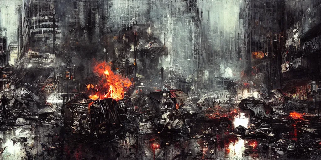 Image similar to post apocalyptic city, revolutionary punk masked up punk, fire, damaged, trash, full shot, by jeremy mann