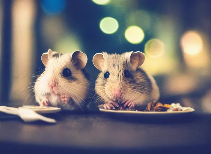 Prompt: photo of a hamsters on a date, kissing, at night, romantic, faded colors, candlelit restaurant table, cinematic color grading, various poses, soft light, well framed, sharp focus, 8 k