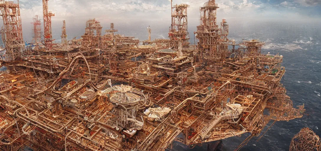 Image similar to an oil rig made of pizza, 80s style, intricate, hyper detailed, 8k, james gurney, greg rutkowski, john howe, artstation