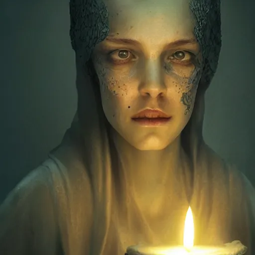 Image similar to photo realistic image of a witches magic candle, stunning 3 d render inspired art by istvan sandorfi and greg rutkowski, perfect facial symmetry, realistic, highly detailed attributes and atmosphere, dim volumetric cinematic lighting,