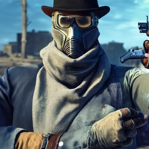 Prompt: the mysterious stranger, saving the day again, in the fallout wasteland, wearing elegant casual clothes and a pristine revolver, face covered by a fedora hat, sunglasses and a scarf, hyperrealist, octane, unreal 5, cinematic, dramatic, breathtaking, 8 k