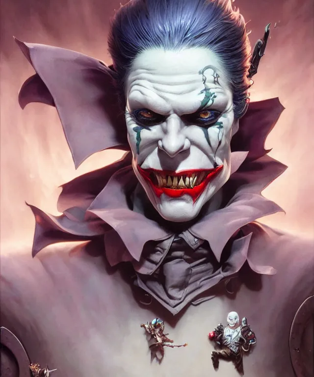 Prompt: beautiful evil fantasy baby joker portrait, ultra realistic, wide angle, intricate details, the fifth element artifacts, highly detailed by peter mohrbacher, hajime sorayama, wayne barlowe, boris vallejo, aaron horkey, gaston bussiere, craig mullins