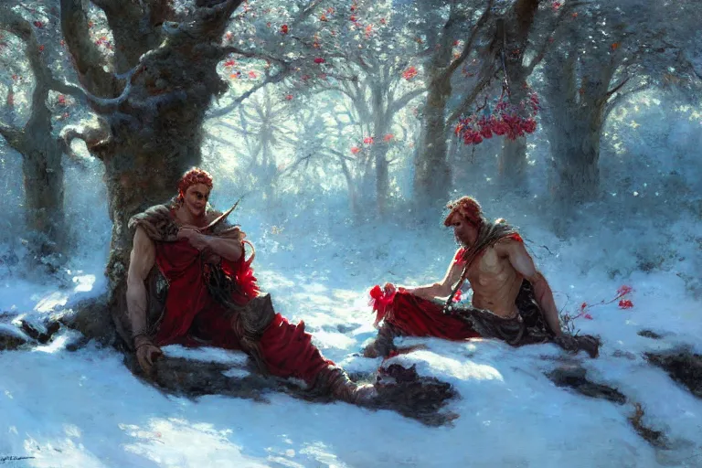 Prompt: winter, a male warrior relaxing under a huge tree with red flowers, sun shining on him, god ray, ground covered with snow, fantasy, painting by gaston bussiere, craig mullins, j. c. leyendecker, trending on artstation