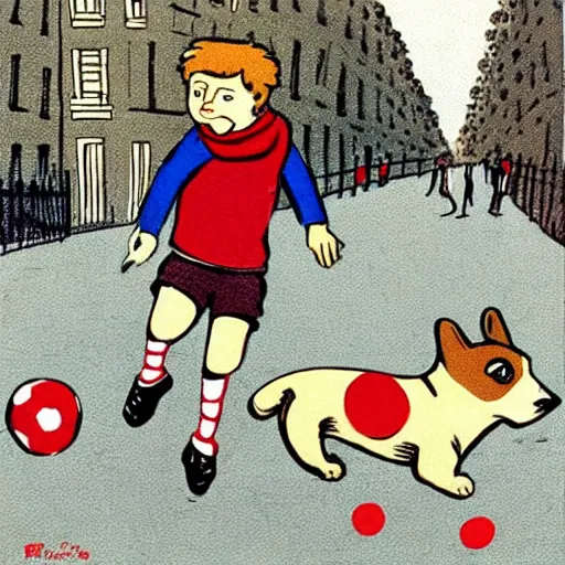 Image similar to illustration of french boy on the streets of paris playing football against a corgi, the dog is wearing a polka dot scarf, comic, 1 9 7 2