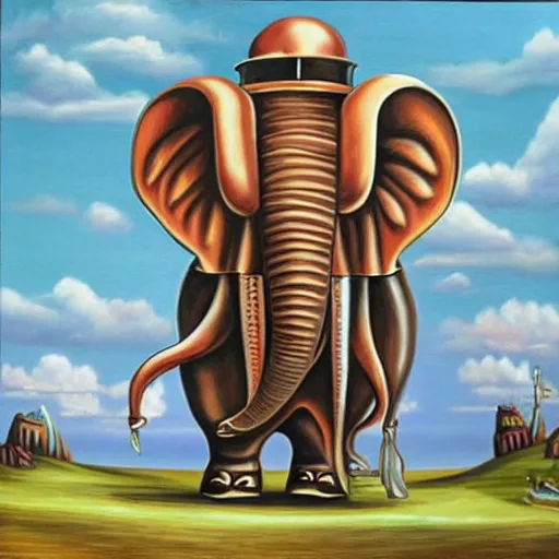 Image similar to surrealist painting of a steampunk elephant