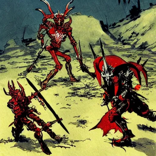 Prompt: a red skeleton knight with horns and spikes fighting a demon in a ruin battlefield, romantism, painted by Ashley Wood, Druillet, Hiroshi Yoshida and Fenghua Zhong