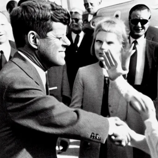 Prompt: john f kennedy shaking hands with et, photograph