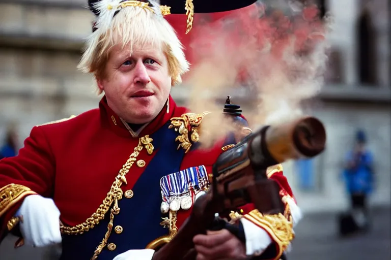 Prompt: closeup portrait of boris johnson dressed as a queen's guard firing a musket in a london street, natural light, sharp, detailed face, magazine, press, photo, steve mccurry, david lazar, canon, nikon, focus