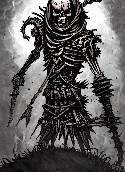 Image similar to concept art of a twisted skeleton warrior in darkest dungeon, highly detailed, dark atmosphere, cosmic horror, body horror, lovecraft mythos, key character poster