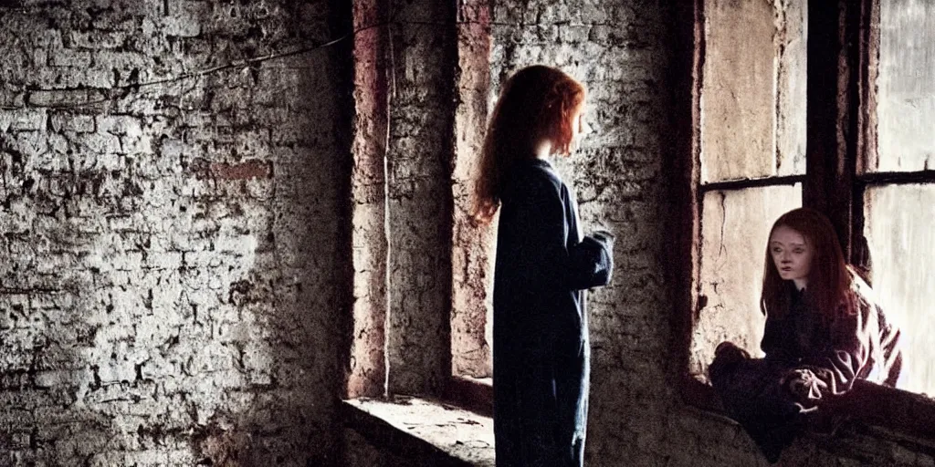 Prompt: at night, sadie sink in hoodie sits on windowsill, knees tucked in. rain falls, old brick wall with ussr propaganda posters : 1 6 mm film, anamorphic, single long shot from schindler's list by steven spielberg. cyberpunk, cinematic atmosphere, detailed and intricate, perfect anatomy