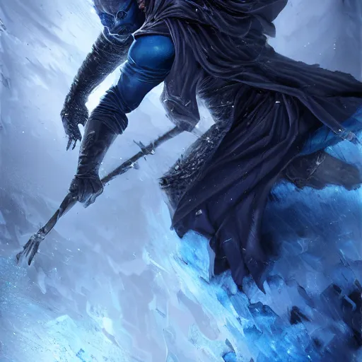 Image similar to a blue tiefling man wearing dark cloths frozen in ice and being shattering into a million pieces, action, cracked, destroyed, by Tony Sart, detailed, realistic, masterpiece, symmetrical