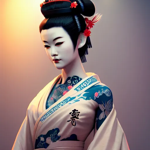 Image similar to an android geisha in a lotus position wearing a flowing kimono and tattoos, octane render, unreal engine, 8 k, cinematic, artwork by ilya kuvshinov