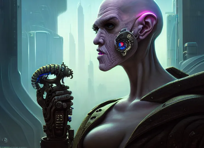 Image similar to portrait shot of squidward in cyberpunk 2 0 7 7, intricate, elegant, highly detailed, centered, digital painting, artstation, concept art, smooth, sharp focus, illustration, artgerm, tomasz alen kopera, peter mohrbacher, donato giancola, joseph christian leyendecker, wlop, boris vallejo